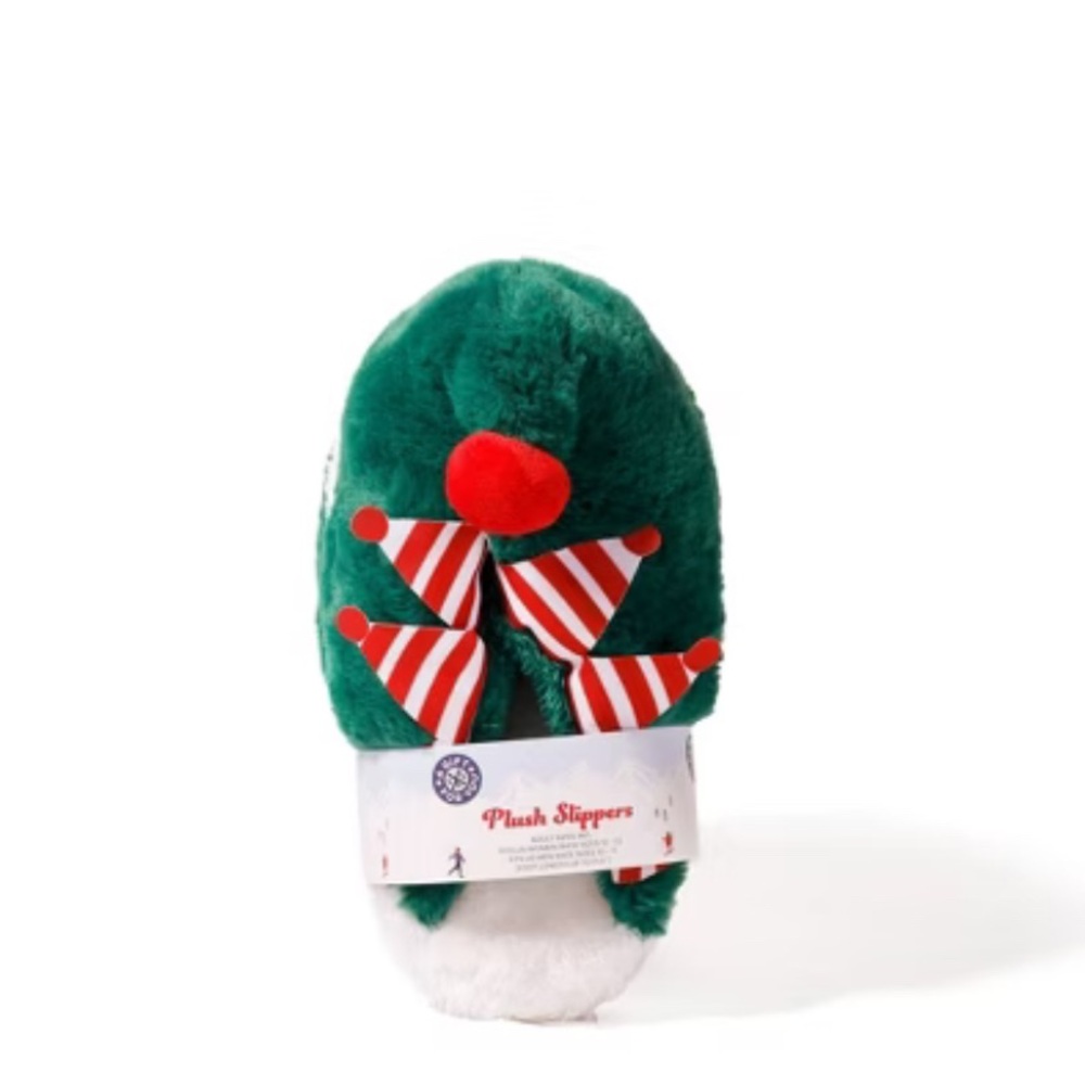 Christmas Elf Plush Slippers Kids S/M Green Holiday Shoes